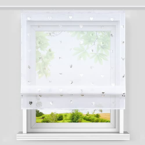 Heichkell Transparentes Raffrollo mit Klettschiene Wohnzimmer Raffgardine Druck Design Modern Fenster Vorhänge Einfache Raffung Weiß Herzen BxH 120x140cm
