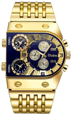 FENKOO Lässige Stahlband-Quarzuhr Multi Time Zone großes Zifferblatt leuchtende Herrenuhr Gold (Farbe : Blue)