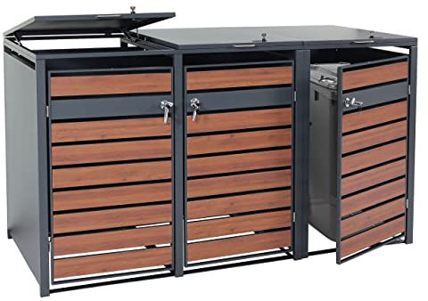 3er Mülltonnenverkleidung HWC-J81, Mülltonnenbox, erweiterbar, Metall 82kg, anthrazit - Kirsche-Holzoptik Dunkelbraun