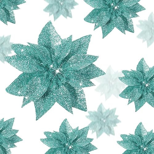 Chunyin 36 Stück Weihnachten Glitzer Weihnachtsstern Blumen Magnolie Künstlicher Weihnachtsstern Weihnachtsschmuck Blumen mit Clips Blumen Ornamente für Weihnachtsbaum Kranz, 3 Größen (Blau Grün)