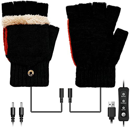 Emooncn Beheizbare Handschuhe Damen Herren, Unisex USB Beheizte Handschuhe Fäustlinge Fingerlose Handschuhe Warme Handschuhe Herren Damen Fahrrad Handschuhe mit 3 Stufentemperaturen, Winter Geschenk