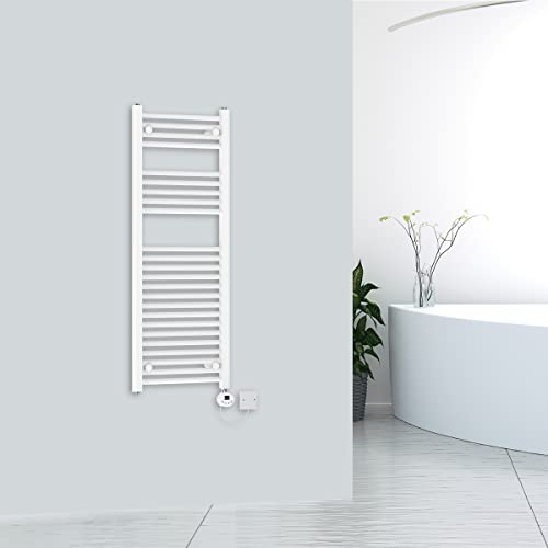 Warmehaus Electric Thermostatic Towel Rail Prefilled White 1200x450mm | Prefilled, LCD Display, Timer, T Piece, Steel, Wall Mounted, Bathroom Towel Warmer Radiator