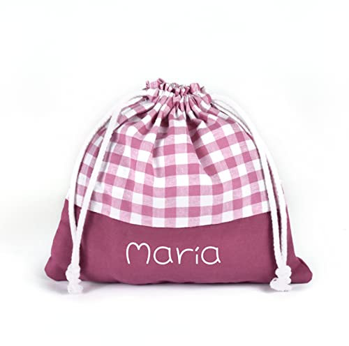 SAQUITOMAGICO Bolsa merienda o almuerzo Infantil Personalizada Vichy para niños o Bebe.Vuelta al Cole (Malva)