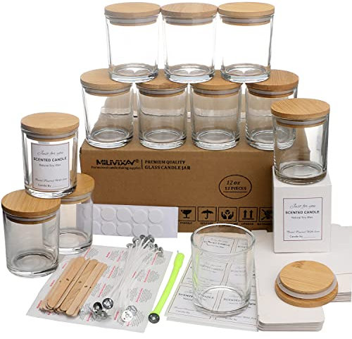 MILIVIXAY Paquete de 12 tarros de cristal transparente de 12 onzas con tapas y kits de fabricación de velas, tarros vacíos a granel para hacer velas, recipientes de especias y polvo.