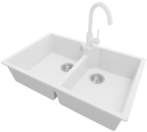 PRIMAGRAN Lavandino da Cucina al Mobile 80cm + Rubinetto, 78x50cm | Set: Rubinetto BW5010 + Kit di scarico + Lavello in Granito a 2 vasche - Madrid Twin, Bianco