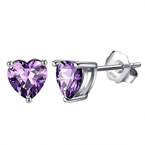 Bellitia Jewelry 925 Damen Geburtsstein Edelstein Ohrstecker mit Amethyst, Herz Ohrringe für Frauen Hypoallergener Ohrschmuck Geschenk für Geburtstag Lila Stein Schmuck Set