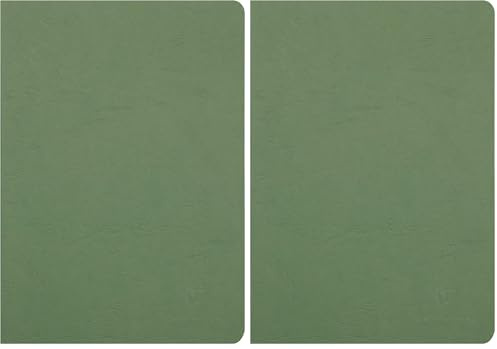 Clairefontaine - Ref 733063C - Age Bag Staplebound Notebook (96 Pages) - A4 Size, Lined Rulings, 90gsm Brushed Vellum Paper - Green Leather Effect Cover (Pack of 2)