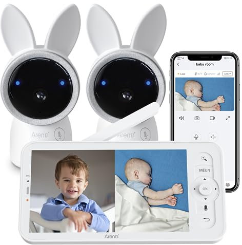 ARENTI 2K Camara Vigilancia Bebe, 2,4GHz WiFi Vigilabebes con 2 Camaras, 355° PTZ Vigilabebés Visión Nocturna, 5 LCD Pantalla, Comunicación Bidireccional, Detección de Movimiento