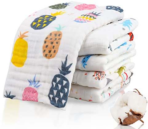 ABirdon Baby Musselin Waschlappen, 5 Stück 70x70 cm Baby Baumwollhandtücher, Weich und Saugfähig mit 6 Schichten, Mehrzweck Gesichtstücher für Jungen und Mädchen (Mehrfarbig)