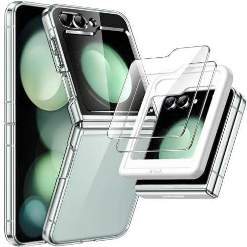 JETech 3 in 1 Case for Samsung Galaxy Z Flip 5 with 2-Pack Tempered Glass Front Screen Protector, Crystal Transparent Hard PC Shell Protective Phone Cover (Clear)