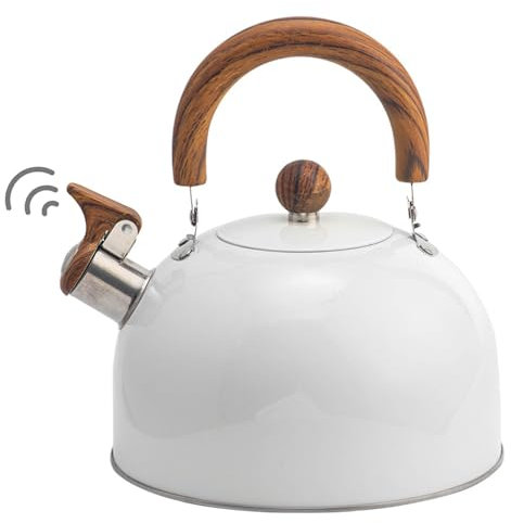 Bouilloire à Thé Sur La Cuisinière Bouilloire à Thé Sifflante, Théière Avec Poignée En Bois 3L Qualité Alimentaire, En Acier Inoxydable Poli, Odeur Théière Pour Cuisinière à Induction, Blanche