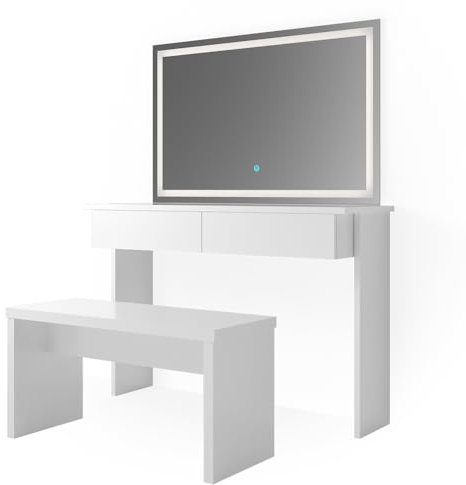 Vicco Schminktisch Azur, Kosmetiktisch mit Spiegel, Weiß, 120 cm mit LED Spiegel und Bank