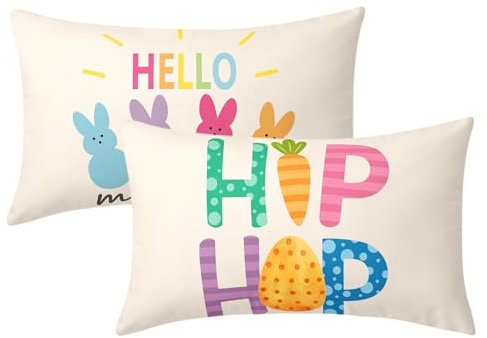 Oster-Lendenkissenbezüge, 30,5 x 50,8 cm, Hip-Hop, Hello My Peeps, Kaninchen, Ei, Karotte, dekorative Wurfkissen, 2er-Set, Frühlings-, Urlaubs-, Heimdekoration, für Sofa, Couch, Wohnzimmer