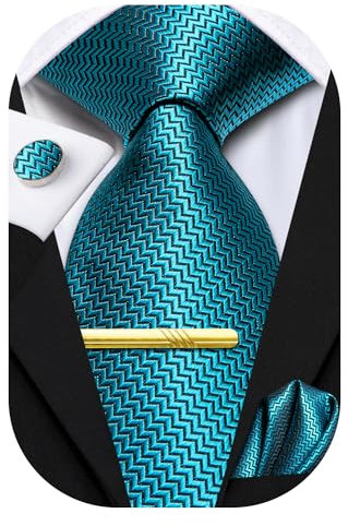 Hi-Tie Krawatten-Set für Herren, Krawatte, Einstecktuch, Hochzeit, formelle Manschettenknöpfe, Krawattenklammer, 4-teiliges Set, Blaugrün gestreift, M