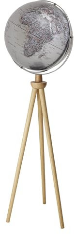 TROIKA Standglobus Ø 43 cm, SPUTNIK Globus auf echtem Eichholz-gestell, Höhe 1,40m, Globus drehbar auf 2 verchromten beweglichen Achsen, Karte mit silberner Farbgebung und Relief