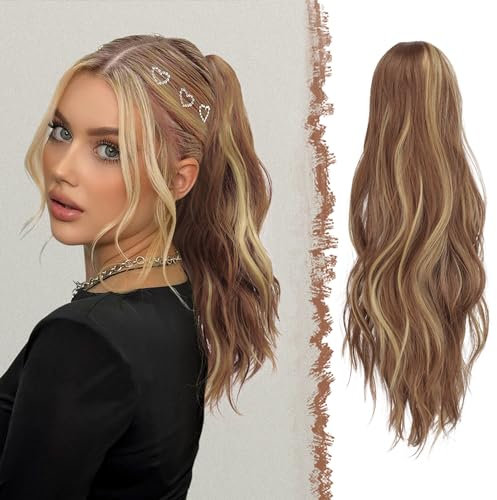 FESHFEN Gewellt Pferdeschwanz Haarteil mit Klammer, 50cm Pferdeschwanz Zopf Extensions Claw Clip in Wavy Ponytail Extension Synthetik Haarverlängerung für Frauen Damen Braun und Blond