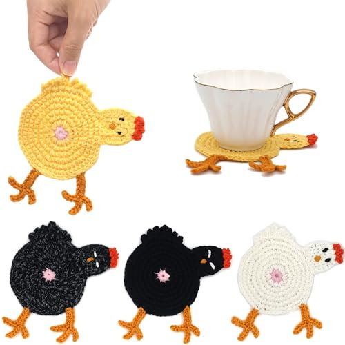 DICHA Peeking Chicken Crochet Untersetzer – Huhnliebhaber Geschenke – isolierte Kaffee- und Tee-Untersetzer – handgefertigt, 4 Stück