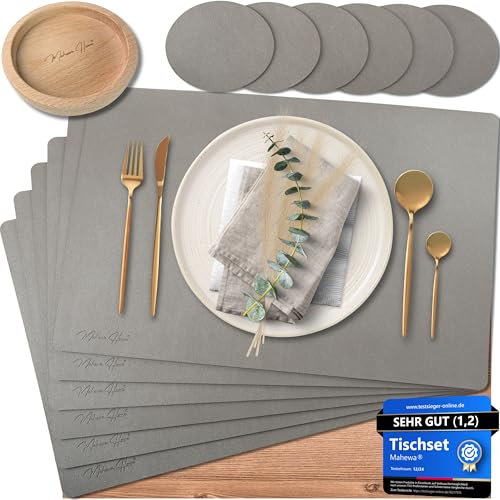 Mahewa® 6er Set Premium Tischset aus Kunstleder - Platzset abwaschbar und wasserdicht - Platzdeckchen Telleruntersetzer in Lederoptik (Silber/Hellgrau, Eckig mit Halter)