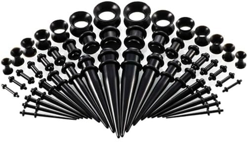 saerryor 50PCS Ear Stretching Kit, 14G-00G Acrylic Ear Taper Kit and Silicone Tunnel, Ear Gauges Expander Set,Black Ear Stretcher, Body Piercing Jewelry
