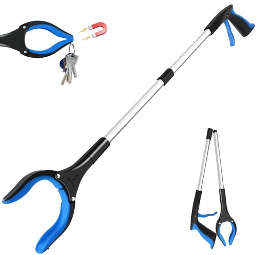 Awsuc 82 cm Pinza telescópica plegable, recogedor de basura, extensión del brazo con estructura de aluminio, pinza magnética plegable, mandíbula antideslizante (azul)