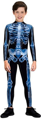 Momkonzz Kinder Halloween Kostüm Horror Skelett Kostüme für Jungen und Mädchen Skelett Cosplay Zip Up 5-6 Jahre