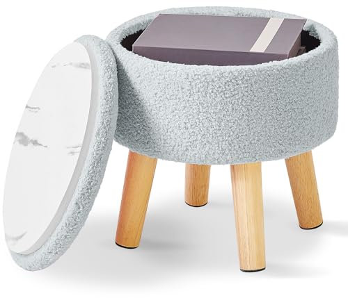 IBUYKE 13” Kleiner Fußhocker Ottomane mit Stauraum, Runde Pouffe Fußablage Hocker mit Gepolstertem Sitz und Deckel, Teddy Samt Mini Ottomane Fußstütze für Wohnzimmer Couch Eingang, Grau-Blau WBD006H