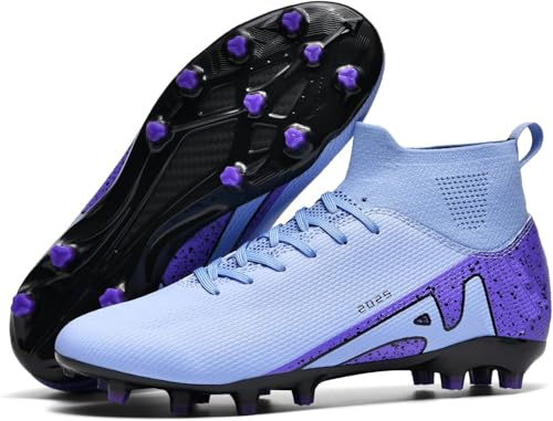 Mens Football Shoes Spike High Top Football Boots Youth Outdoor Turf Trainers Cleats Soccer Shoes Cleats Boys Professional Athletic Sneaker (Purple-1-T, 5UK)