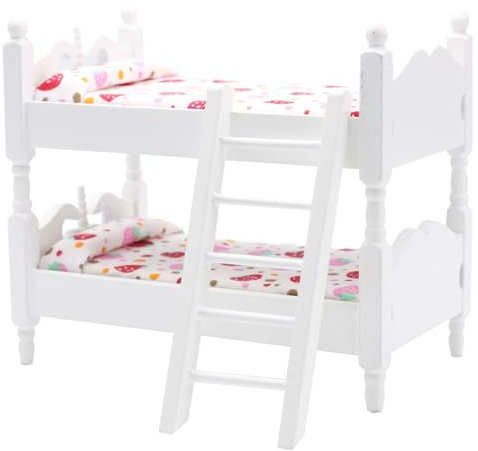 Puppen-Etagenbett, Puppenhausbett Aus Holz Im MaßStab 1:12 Mit Leiter Und GeblüMter BettwäSche, DIY Realistisches Puppenbett, PuppenhausmöBel FüR PuppenhauszubehöR, WeißEs Puppenhausbett, Babypuppenbe