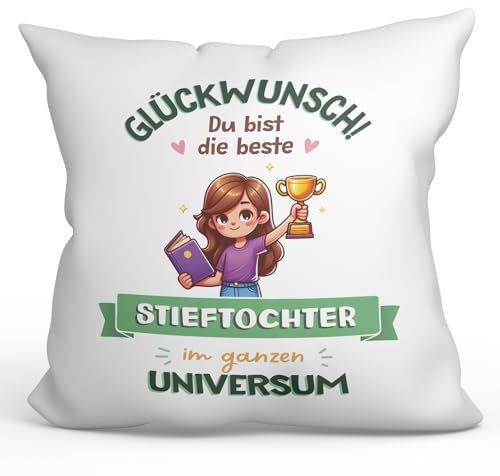 Mugffins Kissen mit Füllung mit Spruch für STIEFTOCHTER - Auf Deutsch - Bester im Universum, Trophäe - 40 x 40 cm - originelles und lustiges Geschenk