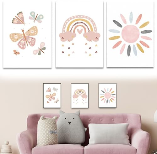 AUEFUDQ 3 Stücke Bilder Kinderzimmer Poster Regenbogen Herzen Boho Wandposter, Bilder Set Junge Mädchen Babyzimmer Kinderbilder, Wandposter Premium, Ohne Rahmen(21x30cm)