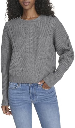 Tommy Hilfiger Damen Solid Cable Crewneck Bobbi Pullover Sweater, Fog Heather Grey, Mittel