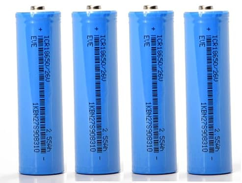 4x Button Top 2600mAh - 7.5A (15A /50W max.), 3.7V EVE 26V - Rechargeable 18650 Li-Po Battery (Not AA). Real, tested capacity 2600-2750mAh. Suitable for Doorbells, Flashlights etc. + Case