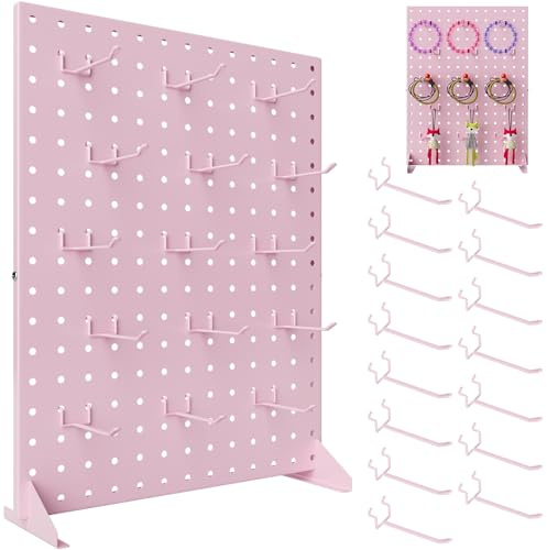 HAUYEST Metal Pegboard Display Stand with 15 Peg Board Hooks Accessories, Desk Pegboard Panels, Merchandise Display Rack for Selling Accessories Vendors & Events Retail Craft Shows & Fairs (Pink