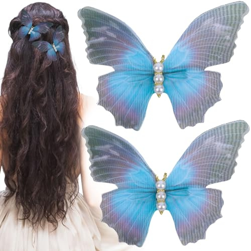 Alpinleux 2 Pcs Blue Butterfly Clips, 3D Moving Wings Butterfly Hair Clips, Pearl Strong Hold Butterflies Hair Accessories, Fairy Hair Accessories for Women (Blue)