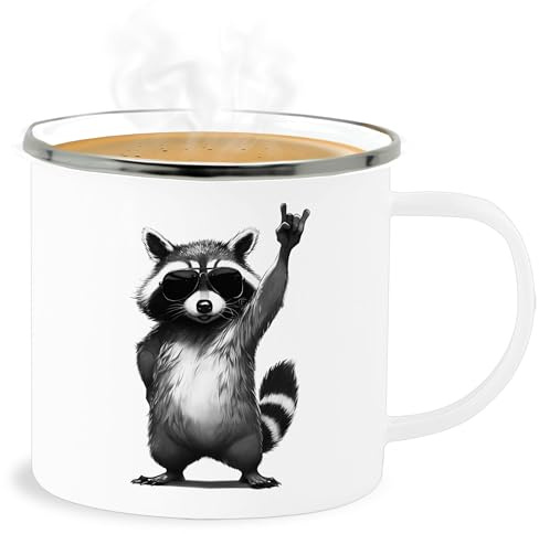 Emaille Becher Blechbecher - Tassen - Retro Waschbär Rocker lustig I Lustiges Rock Musik Geschenk Waschbären I Funny Rock Star Raccoon Geschenk Metal Racoon - 300 ml - Weiß Silber - tasse mit