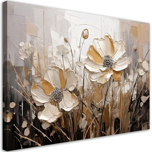 Feeby Leinwand Bilder - Bild Wohnzimmer - Beigefeldblumen Abstrakt - 100x70 1tlg - Deko Schlafzimmer Groß - Dekoration Canvas - Gemälde - Modern Wandbilder - Kunstdruck