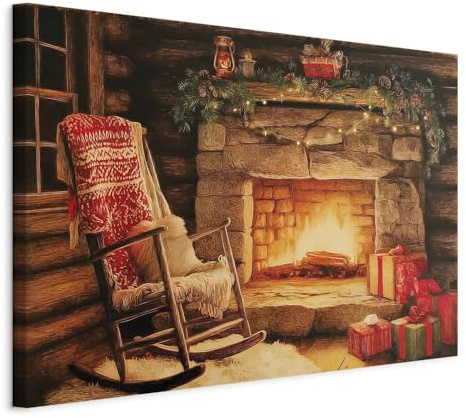 decomonkey Canvas Print Fireplace rocking chair 35.4 x 23.6 / 90 x 60 cm 1-piece canvas prints Picture on canvas Wall art Art print decoration Living room Gift Winter Christmas House Fireplace