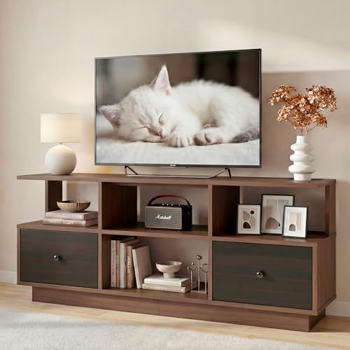 Manora Walnut TV Unit 55‑Inch,Media Cabinet 2 Drawers & Open Shelves | Walnut TV Stand with multi open shelves.Suitable for storage in living room,bedroom and entertainment room.