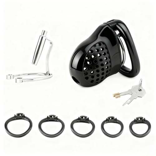 HXLXW Kleiner Chastity Cage für Männer – Leichter Atmungsaktiver Kunststoff Peniskäfig mit PA Urethral Dilator, Keuschheitsgürtel Herren Mini Cage mit 5 Penisringen 40–60mm