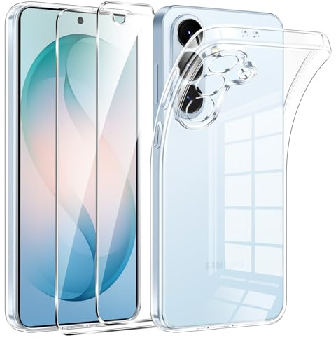 Phoona Coque pour Samsung Galaxy S26 5G avec 2 Pièces Protection Écran en Verre Trempé,Ultra Transparente Silicone en Gel TPU Souple pour Samsung S26 Couqe,Antichoc Anti-Jaune Etui Bumper