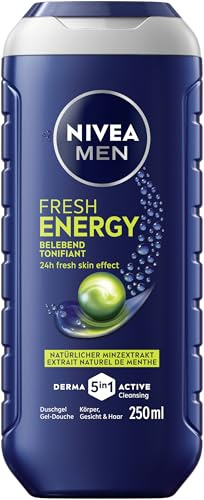 NIVEA MEN Fresh Energy Duschgel, Pflegedusche mit belebendem Duft, erfrischende Cremedusche mit Minzextrakt für Körper, Gesicht und Haar, 24h Fresh Skin Effect (250 ml)