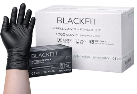 gef + medica - 1000 Guanti in Nitrile Neri XL BLACKFIT Senza Polvere, Guanti Monouso Ambidestri, AQL 1.5, DPI III Cat, Uso Professionale Alimentare Officina