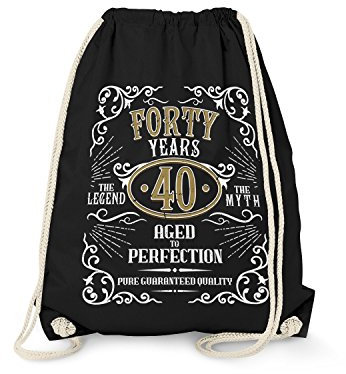 Fashionalarm Turnbeutel - Forty Years Aged to Perfection | Fun Rucksack im Whiskey Label Style mit Spruch | Geschenk Idee 40. Geburtstag Party, Schwarz One Size