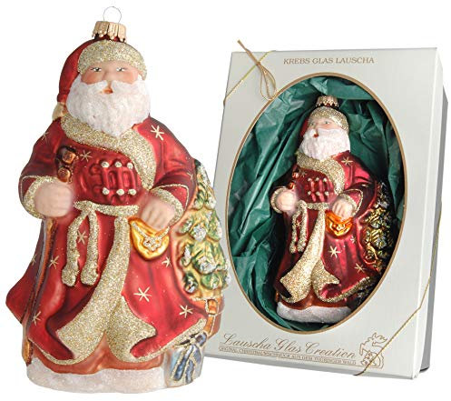Krebs Glas Lauscha - Weihnachtsdekoration/Christbaumschmuck aus Glas - Weihnachtsmann als Anhänger - Motiv: mit Baum - Größe: ca. 16 cm - Made in Germany