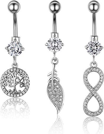 OIDEA Lot de 3 piercings de nombril en acier inoxydable chirurgical et zircone - Arbre de vie - Motif infini - Argenté