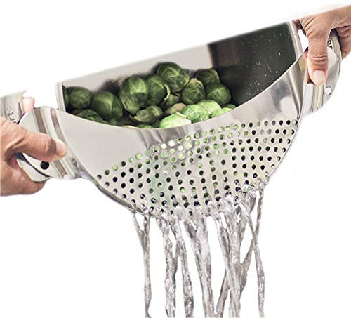 BESTONZON escurridor de ollas de acero inoxidable con escurridor de espaguetis para pasta y freír, color plateado