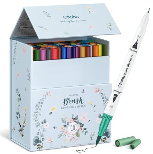 Ohuhu Feutre Coloriage Adulte, 100 Couleurs Aquarelle Stylos Feutres Double Pointe Fine et Pinceau pour Calligraphie Mandala Dessin Colorant, Maui – Boîte Blanche