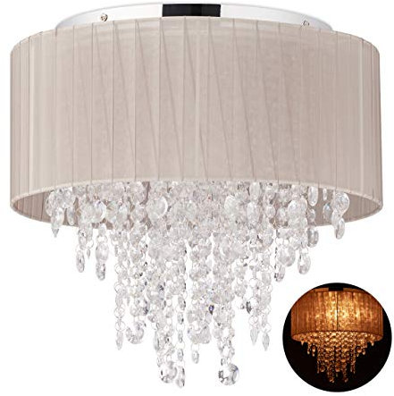 Relaxdays Deckenlampe Kristall, Lampenschirm aus Organza, G9-Fassung, 5-flammige Deckenleuchte, 39 x 39,5cm, grau/silber