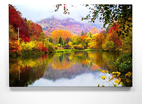 Atemberaubende Leinwand Herbstbilder - Indian Summer, Lake Grza - als 120x80cm großes XXL Leinwandbild. Wandbild als Hintergrund und Deko für Wohnzimmer & Schlafzimmer. Aufgespannt auf Holzrahmen