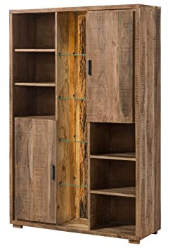 Massivmoebel24.de | BARK by WOLFMÖBEL - massiver Schrank Natur, lackiert | Akazienholz | 118x40x180 | mit integrierter LED-Beleuchtung | 2 Türen - 15 Ablagefächer | Aufbewahrungsschrank Flurschrank